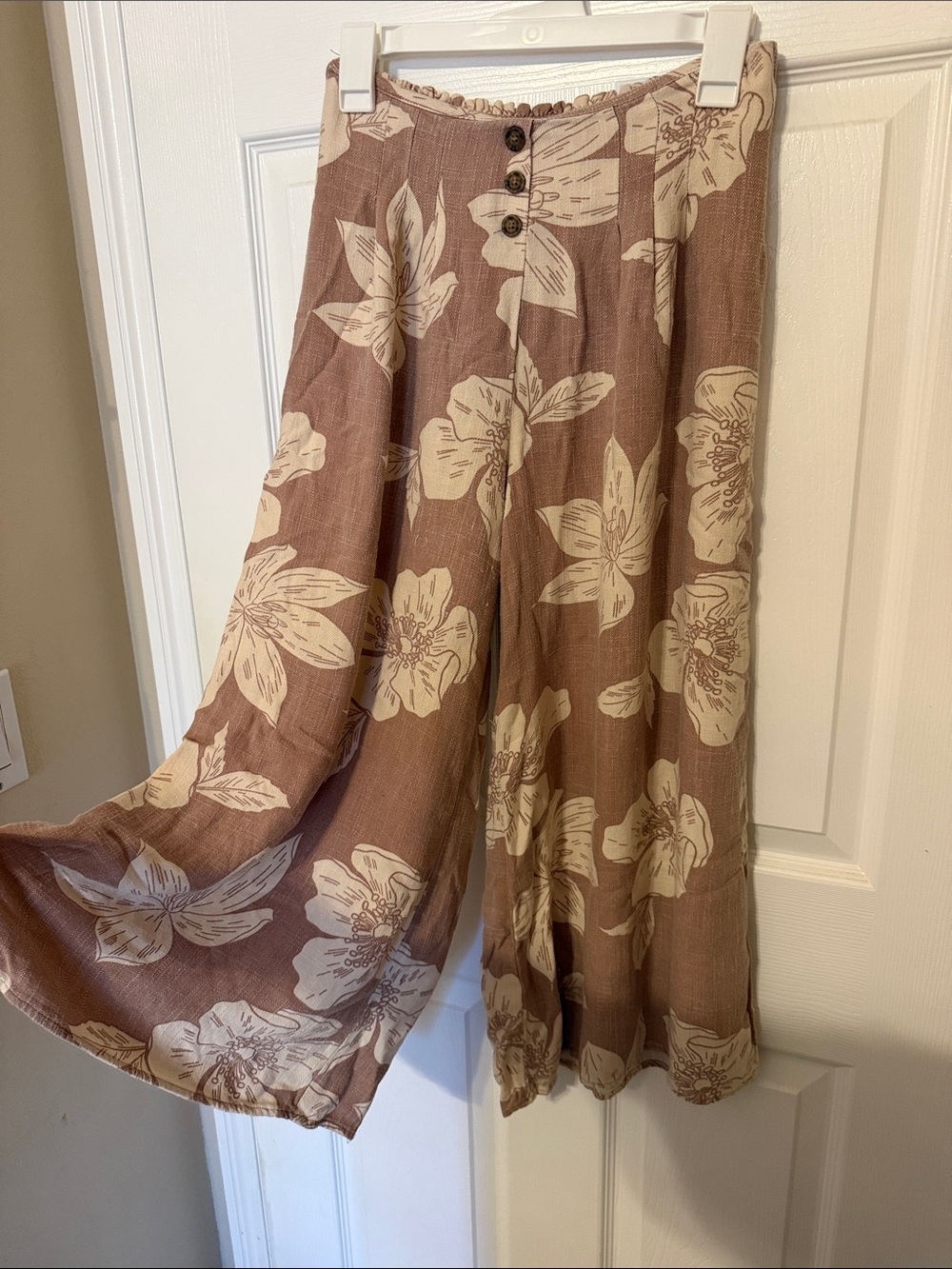 Sienna Sky Taupe Wide-Leg Floral Pants with Cream Print